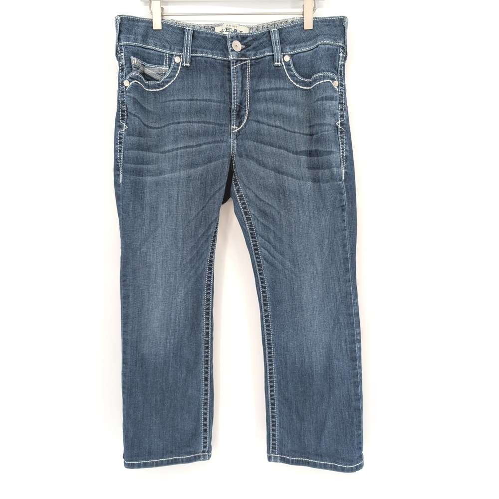 Ariat REAL Ivy Straight Leg Jean Women 33R Dresden Blue Mid Rise Contrast Stitch